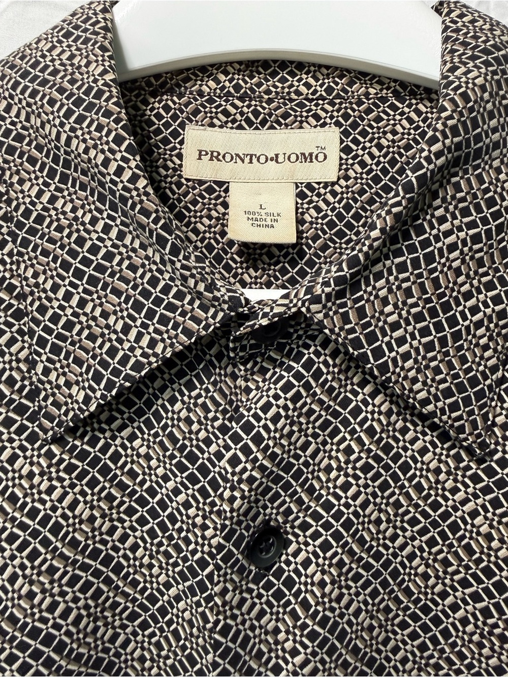 Pronto Uomo 100% Silk Geometric Button Front Shirt Men’s Large Black Tan